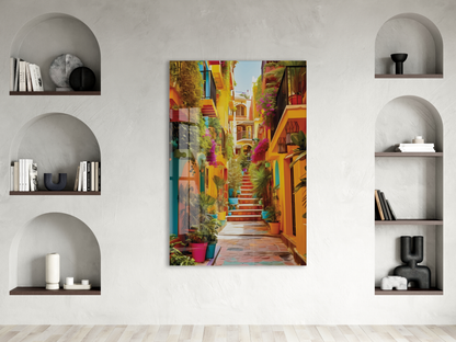 Renkli Akdeniz Sokağı Cam Tablo – Canlı Mimari ve Dar Sokak Temalı Dekoratif Duvar Tablosu - Peony054