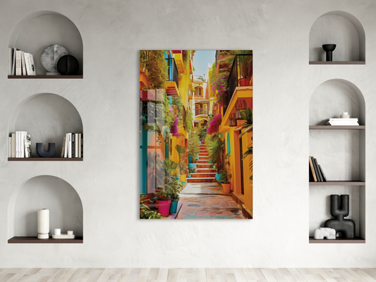 Renkli Akdeniz Sokağı Cam Tablo – Canlı Mimari ve Dar Sokak Temalı Dekoratif Duvar Tablosu - Peony054