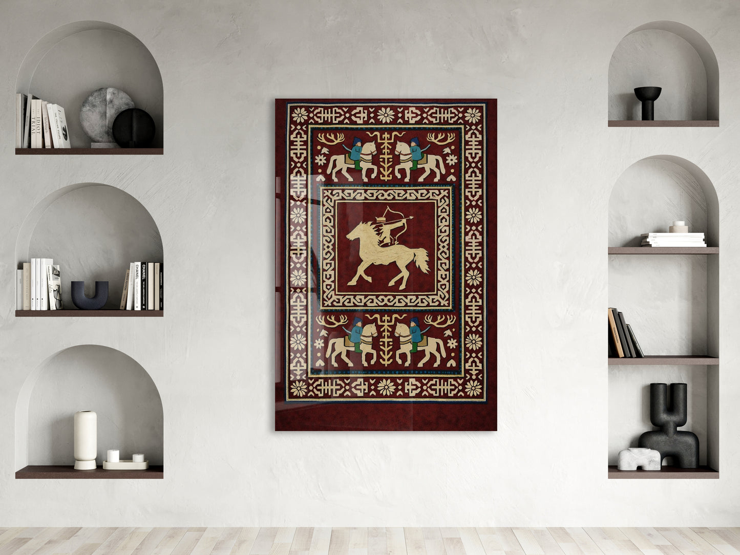 Orta Asya Türk Motifleri Cam Tablo – Atlı Okçu ve Geleneksel Türk Desenleri Duvar Dekoru - PeonyTrk009