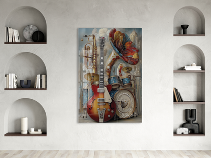 Modern Müzik Temalı Cam Tablo – Gitar, Trompet ve Davul Detaylı, Sanatsal UV Baskılı Temperli Cam Duvar Dekoru - Peony043