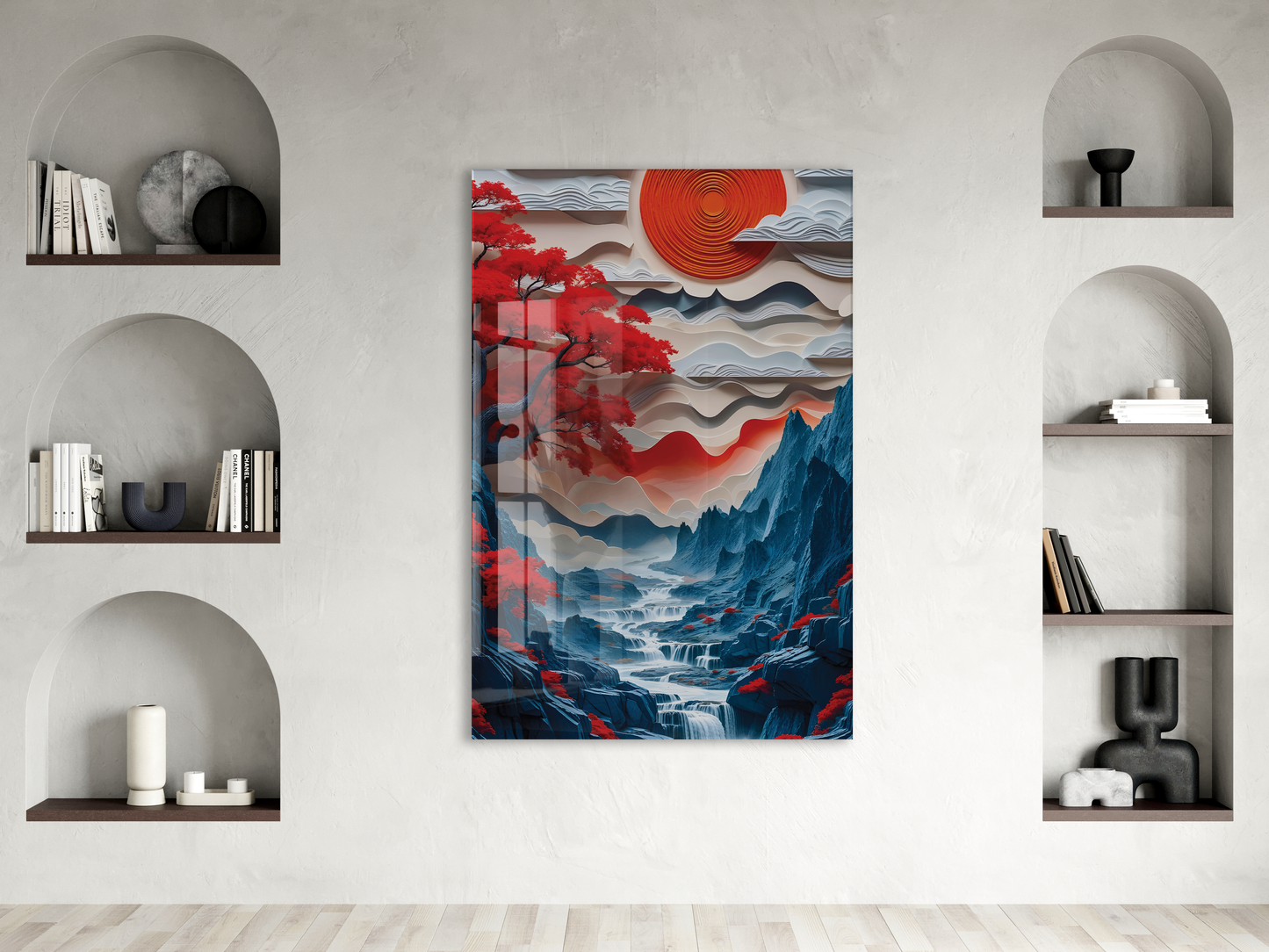 Modern Soyut Asya Manzarası Cam Tablo – Kızıl Güneş ve Dağ Temalı Sanatsal UV Baskılı Temperli Cam Duvar Tablosu - Peony009