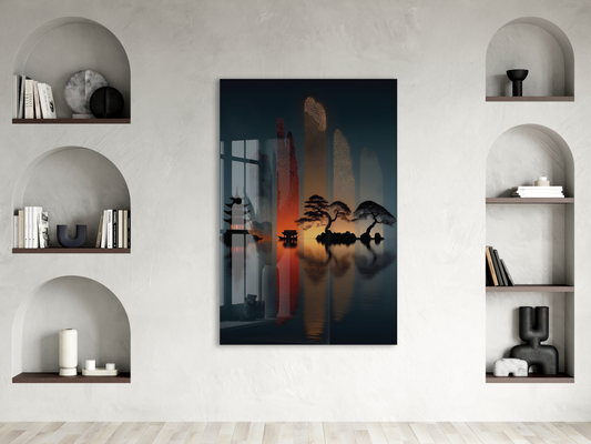 Doğu Esintili Gün Batımı Cam Tablo – Minimalist Japon Manzarası UV Baskılı Temperli Cam Duvar Tablosu - Peony026