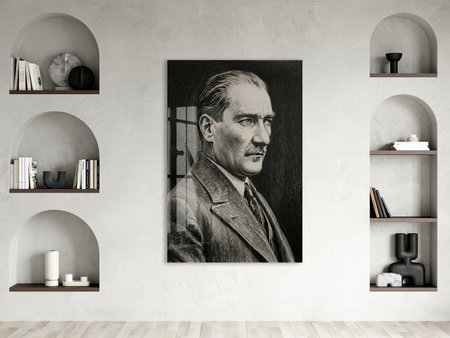 Mustafa Kemal Atatürk Karakalem Cam Tablo | Sanatsal 4 mm Temperli UV Baskılı Duvar Dekoru -PeonyAta1307