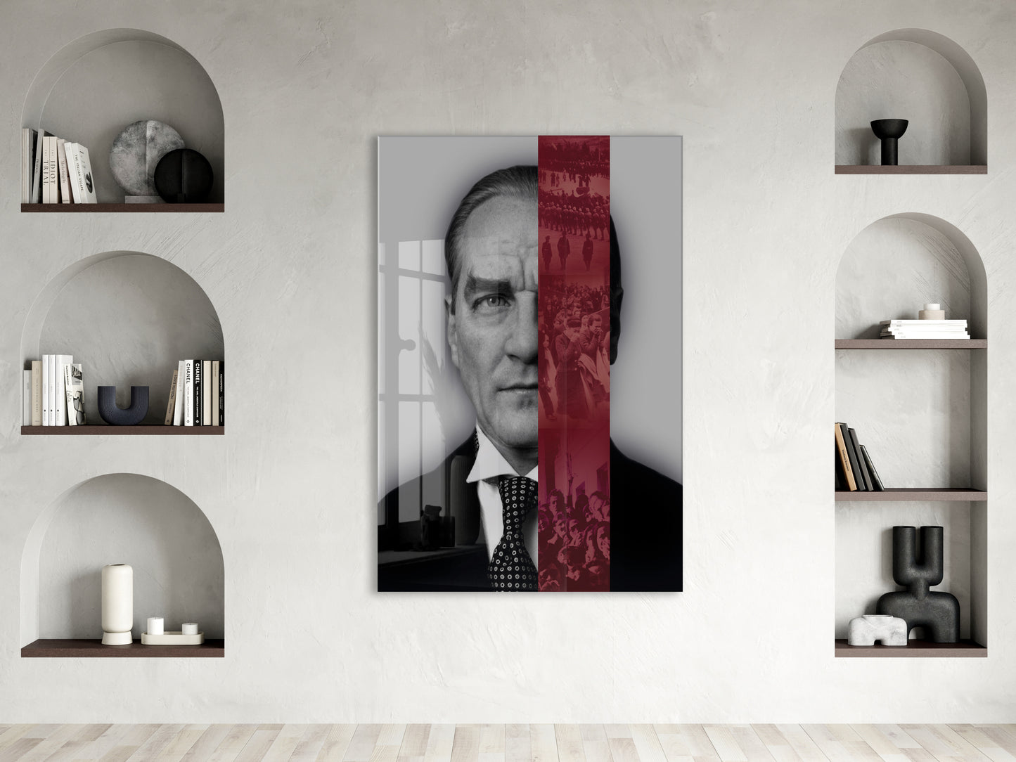 Atatürk Cam Tablo – Lider ve Millet Temalı, Kırmızı Şerit Detaylı 4 mm Temperli Cam Duvar Dekoru -PeonyAta1019