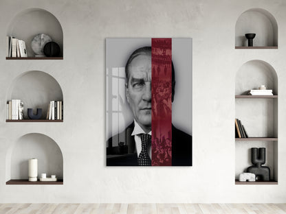 Atatürk Cam Tablo – Lider ve Millet Temalı, Kırmızı Şerit Detaylı 4 mm Temperli Cam Duvar Dekoru -PeonyAta1019