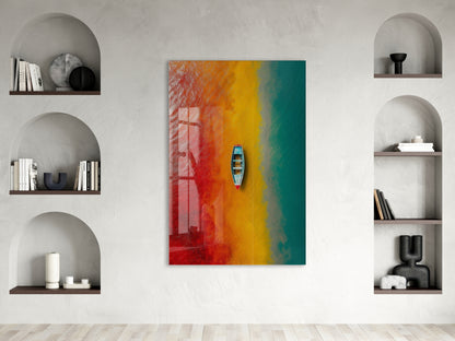 Kırmızı, Sarı ve Turkuaz Geçişli Deniz – Minimal Tekne Duvar Tablosu - Peony136