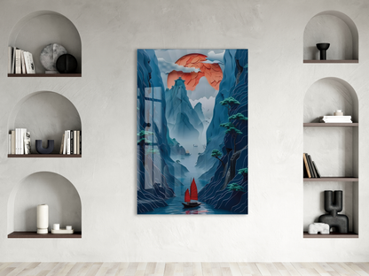 Modern Asya Esintili Doğa Cam Tablo – Dağ ve Nehir Temalı Sanatsal UV Baskılı Temperli Cam Duvar Tablosu - Peony007