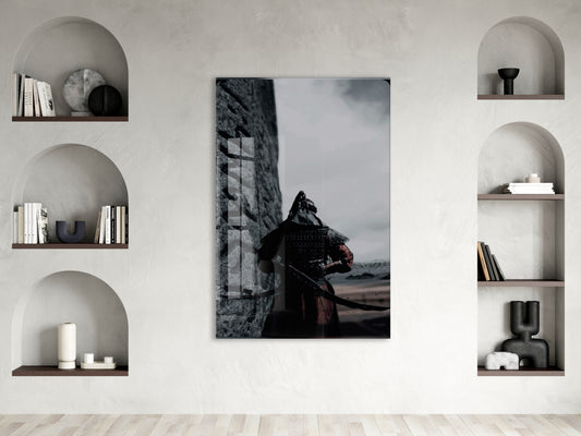 Zırhlı Türk Savaşçısı Cam Tablo – Tarihi Savaşçı Temalı Siyah Beyaz Duvar Dekoru - PeonyTrk016