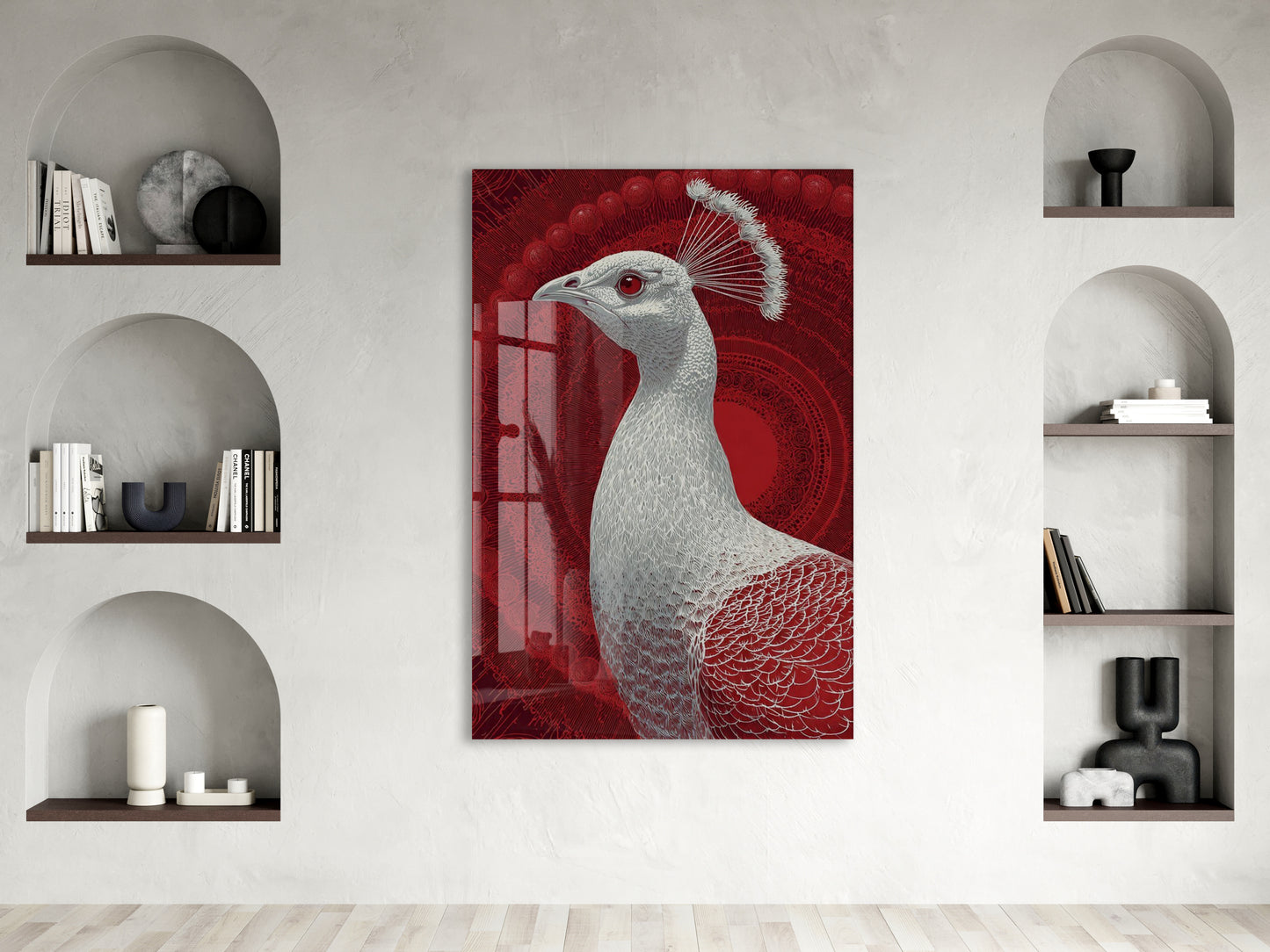 Mistik Kırmızı Arka Planlı Tavus Kuşu Cam Tablo – Lüks ve Sanatsal Duvar Dekoru - Peony083
