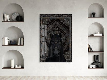 Siyah Asil At Figürlü Cam Tablo – Oryantal Desenli Güç ve Zarafet Temalı Duvar Dekoru - Peony057