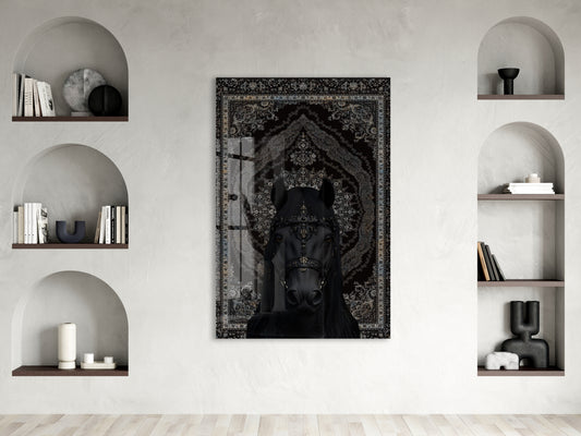 Siyah Asil At Figürlü Cam Tablo – Oryantal Desenli Güç ve Zarafet Temalı Duvar Dekoru - Peony057