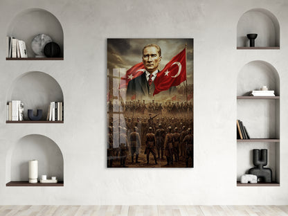 Atatürk ve Türk Bayrağı Cam Baskı Tablo | Kurtuluş Savaşı Temalı Tarihi Duvar Dekoru, 4mm Temperli Cam, Yüksek Çözünürlüklü UV Baskı PeonyAta044