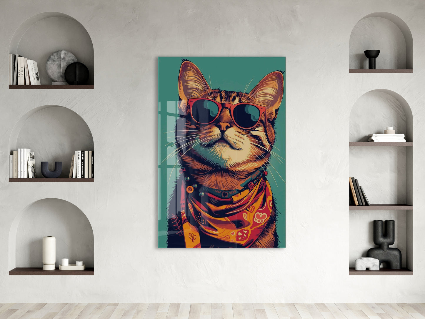 Gözlüklü Hipster Kedi Cam Duvar Tablosu – Modern ve Cool Tasarım - Peony129