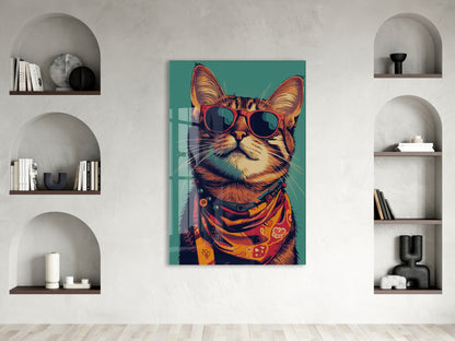 Gözlüklü Hipster Kedi Cam Duvar Tablosu – Modern ve Cool Tasarım - Peony129