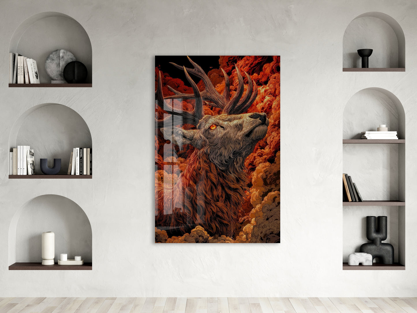 Asaletin Sembolü Geyik Cam Tablo – Ateş Tonlu Lüks Duvar Dekoru- Peony082