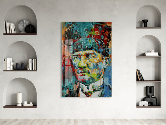 Modern Mustafa Kemal Atatürk Portresi Cam Tablo | Sanatsal UV Baskılı Temperli Cam -PeonyAta1331
