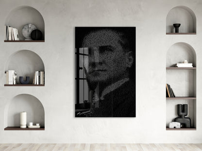 Atatürk Silüet Cam Baskı Tablo | Nutuk Metinli Siyah Beyaz Modern Duvar Dekoru, 4mm Temperli Cam, Yüksek Çözünürlüklü UV Baskı PeonyAta045