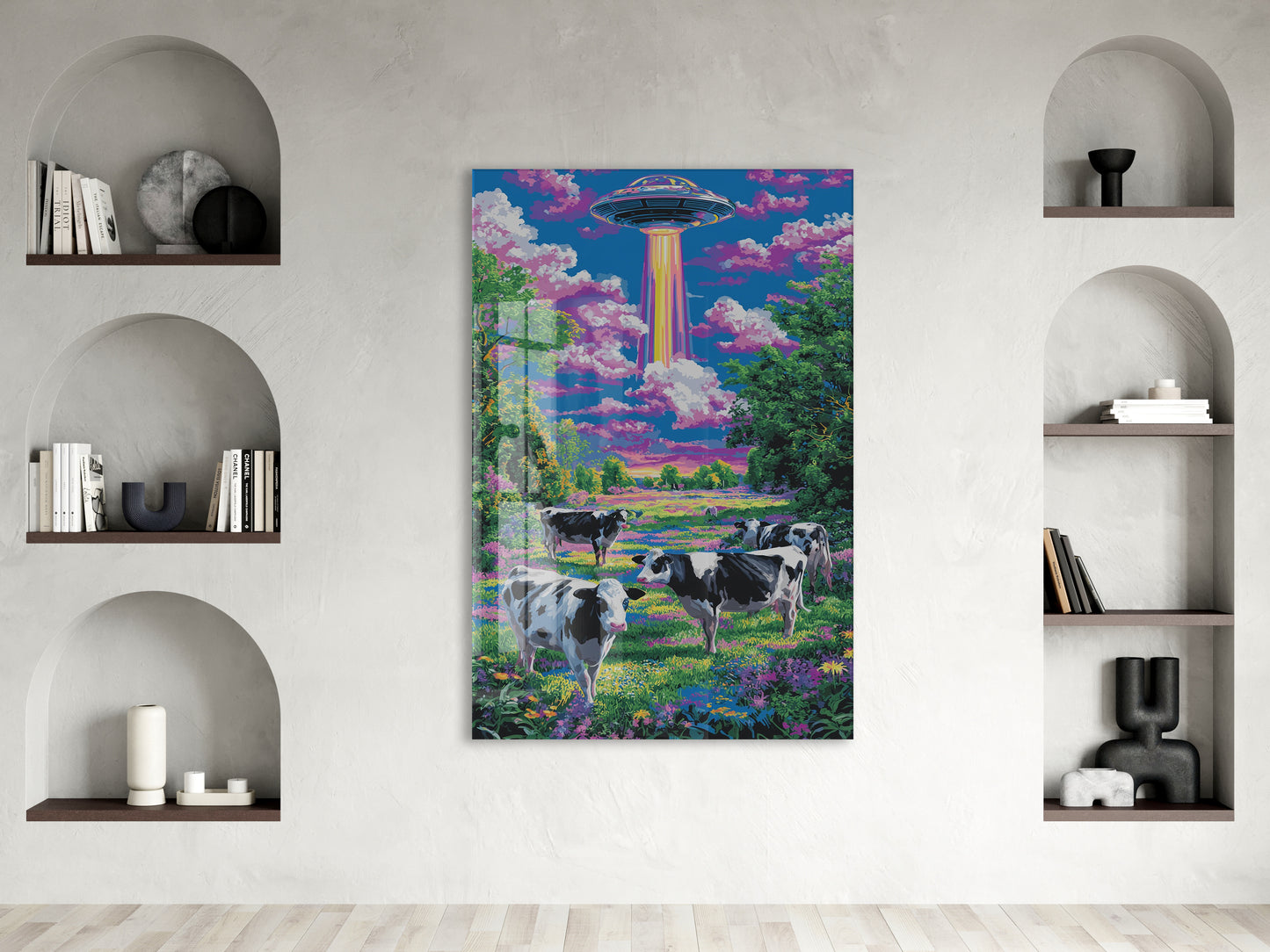 UFO ve Renkli Tarlada İnekler – Fantastik Manzara Duvar Tablosu - Peony128