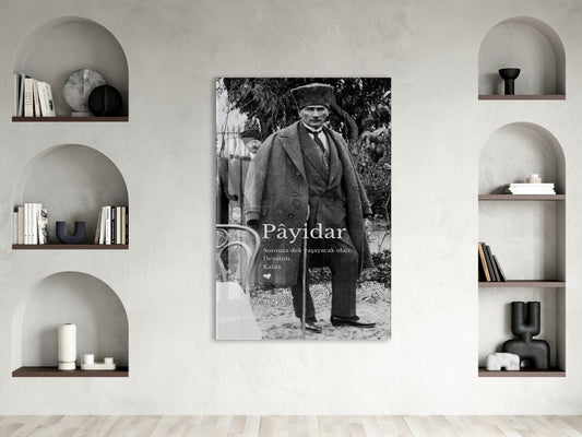 Payidar Atatürk Cam Tablo | Siyah Beyaz Atatürk Portresi, Anlamlı Duvar Dekoru, UV Baskı Temperli Cam Tablo PeonyAta049
