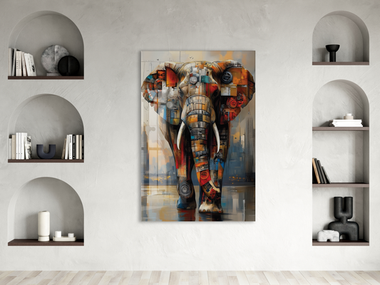 Endüstriyel Fil Detayı Cam Tablo – Güç ve Bilgeliği Temsil Eden Modern Soyut Hayvan Sanatı, UV Baskılı Temperli Cam Duvar Tablosu - Peony032