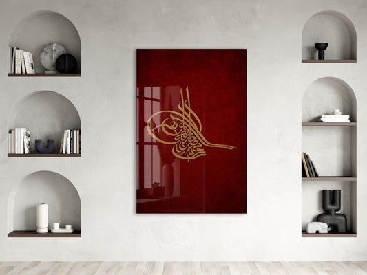 Osmanlı Tuğrası Cam Tablo – Altın Yaldızlı Kırmızı Zemin İslami ve Tarihi Duvar Dekoru - PeonyOsm002