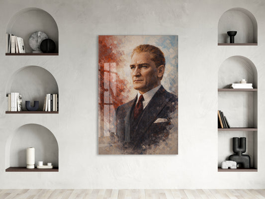 Atatürk Portresi Cam Baskı Tablo | Modern Sanatsal Stil, 4mm Temperli Cam, Yüksek Çözünürlüklü UV Baskı, Ofis ve Salon Duvar Dekoru  PeonyAta039