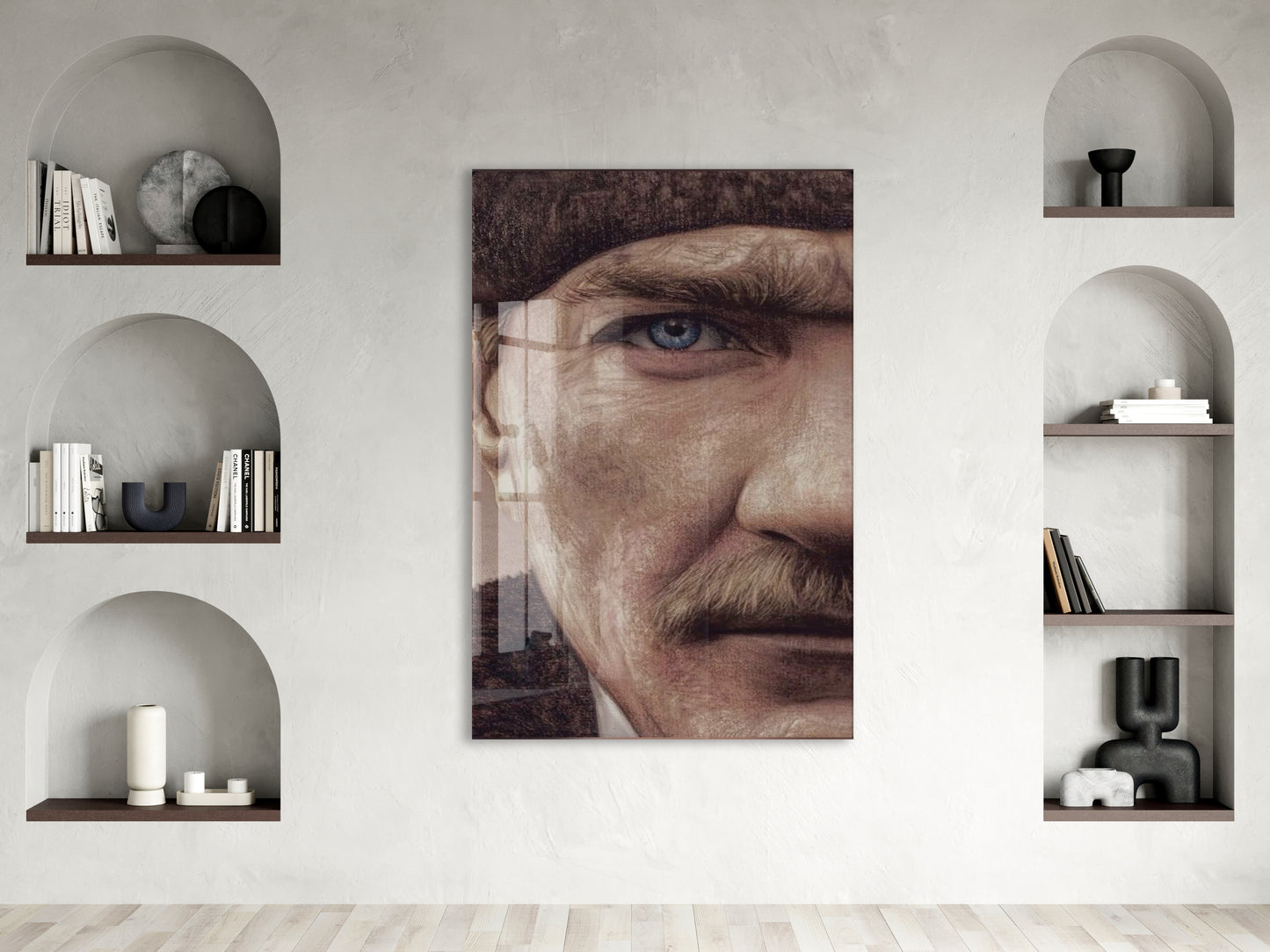 Atatürk Mavi Göz Detayı Cam Tablo – 4 mm Temperli Cam, Sanatsal Portre Duvar Dekoru -PeonyAta053