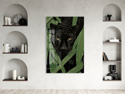 Tropikal Yapraklar Arasında Siyah Panter Cam Tablo – Gizem ve Güç Temalı Duvar Dekoru- Peony088