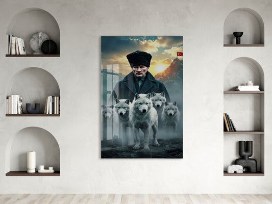 Atatürk ve Kurtlar Cam Baskı Tablo | Güç ve Liderlik Temalı Modern Sanatsal Duvar Dekoru, 4mm Temperli Cam, Yüksek Çözünürlüklü UV Baskı PeonyAta043