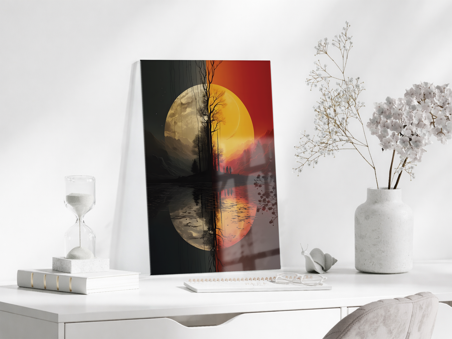 Modern Soyut Gün Batımı Cam Tablo – Minimalist Doğa Temalı UV Baskılı Temperli Cam Duvar Tablosu - Peony001
