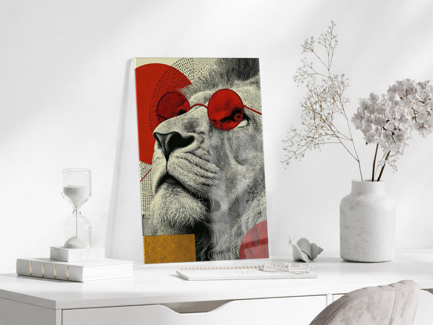 Lider Ruhlu Aslan Cam Tablo – Kırmızı Detaylı Modern Pop Art Duvar Dekoru - Peony080