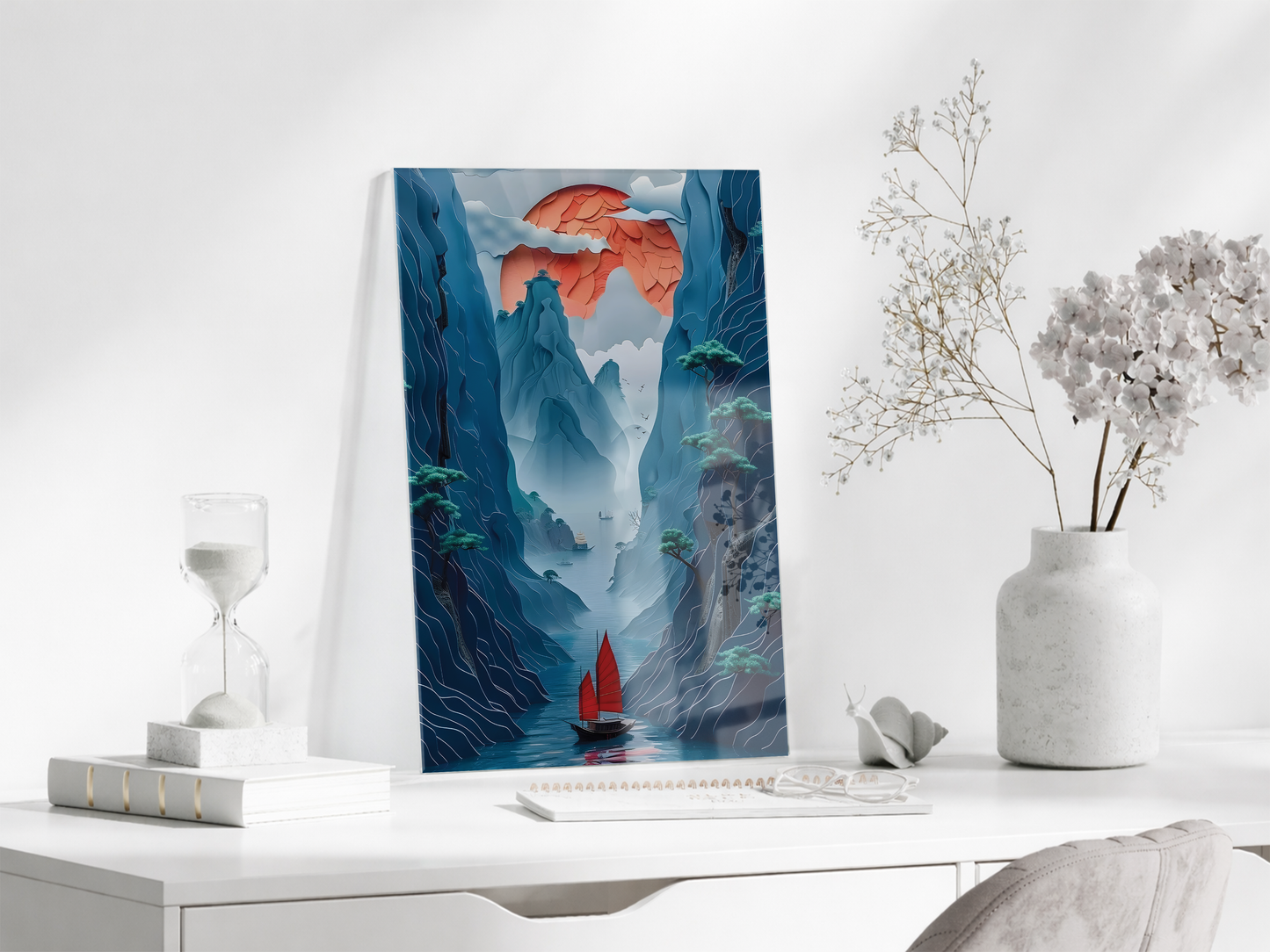 Modern Asya Esintili Doğa Cam Tablo – Dağ ve Nehir Temalı Sanatsal UV Baskılı Temperli Cam Duvar Tablosu - Peony007