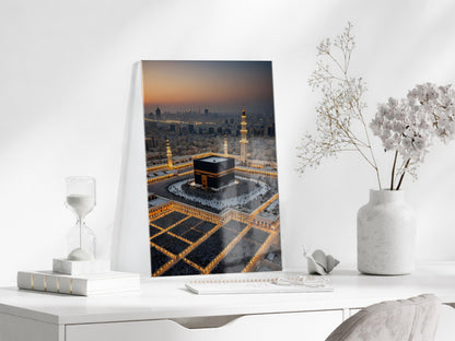 Kâbe ve Mescid-i Haram’da Akşam Vakti – Tavaf Anı Cam Tablo  - PeonyDini129