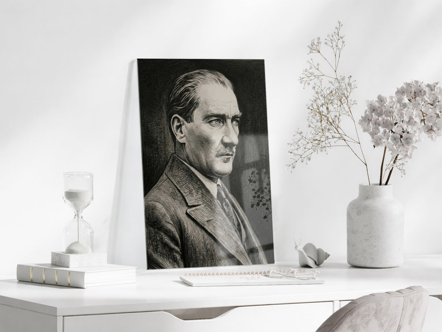 Mustafa Kemal Atatürk Karakalem Cam Tablo | Sanatsal 4 mm Temperli UV Baskılı Duvar Dekoru -PeonyAta1307