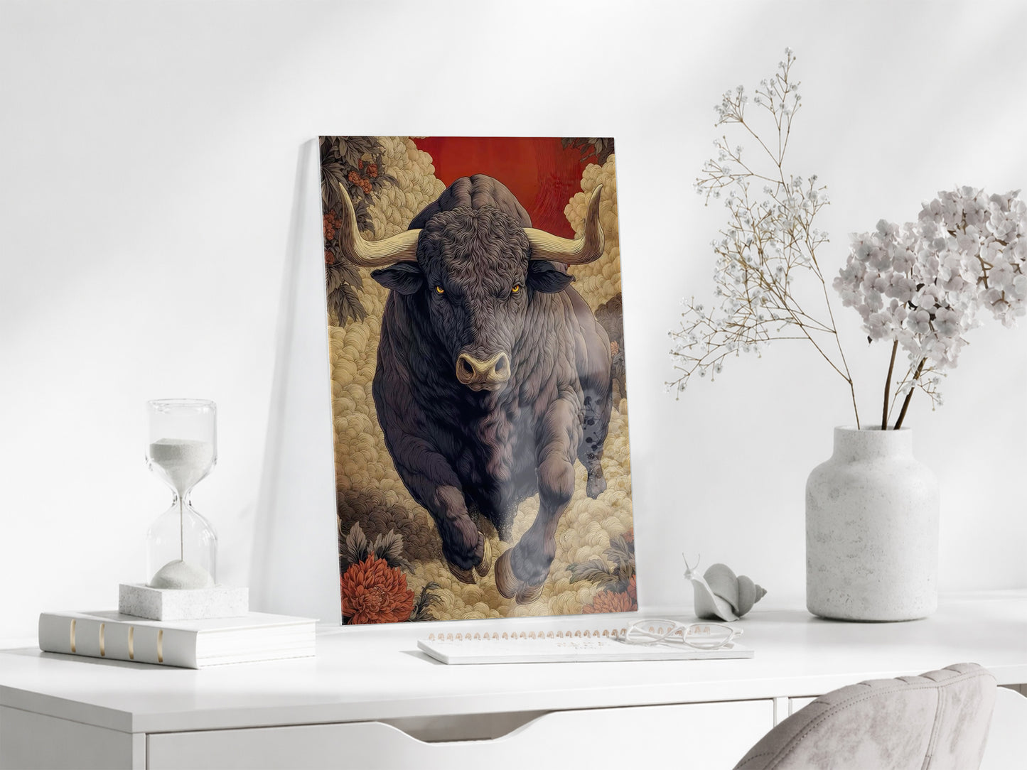Lider Ruhlu Boğa Cam Tablo – Sanatsal Detaylı Güç ve Kararlılık Temalı Duvar Dekoru - Peony076