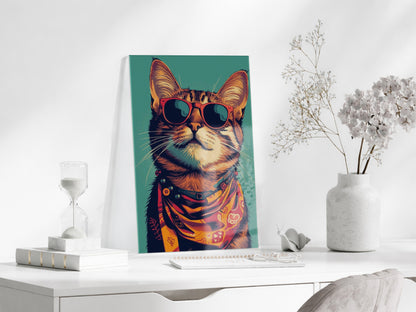 Gözlüklü Hipster Kedi Cam Duvar Tablosu – Modern ve Cool Tasarım - Peony129