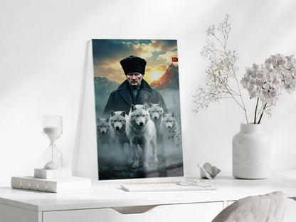 Atatürk ve Kurtlar Cam Baskı Tablo | Güç ve Liderlik Temalı Modern Sanatsal Duvar Dekoru, 4mm Temperli Cam, Yüksek Çözünürlüklü UV Baskı PeonyAta043