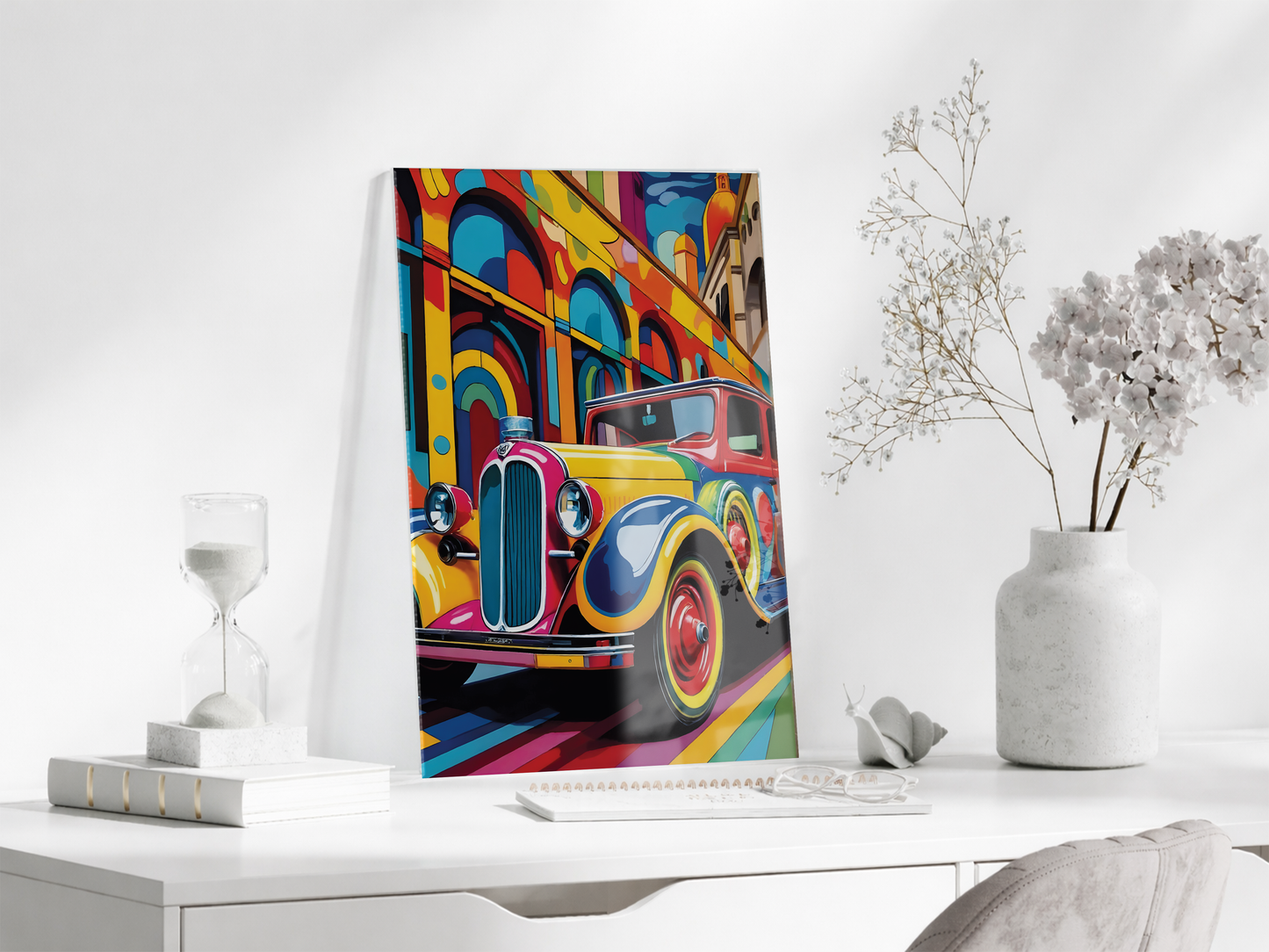 Renkli Klasik Araba Cam Tablo – Retro Otomobil Temalı Modern Pop Art, UV Baskılı Temperli Cam Duvar Tablosu - Peony036