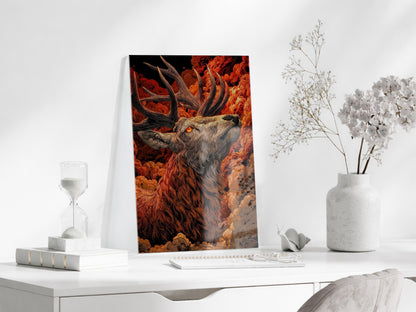 Asaletin Sembolü Geyik Cam Tablo – Ateş Tonlu Lüks Duvar Dekoru- Peony082