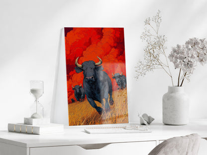 Koşan Boğa Figürlü Cam Tablo – Kırmızı Arka Planlı Modern Güç Temalı Duvar Dekoru - Peony074