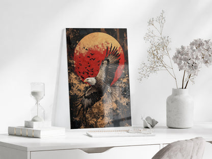 Altın Dokulu Zeminli Kartal Cam Tablo – Güçlü Liderlik ve Özgürlük Temalı Duvar Dekoru - Peony081