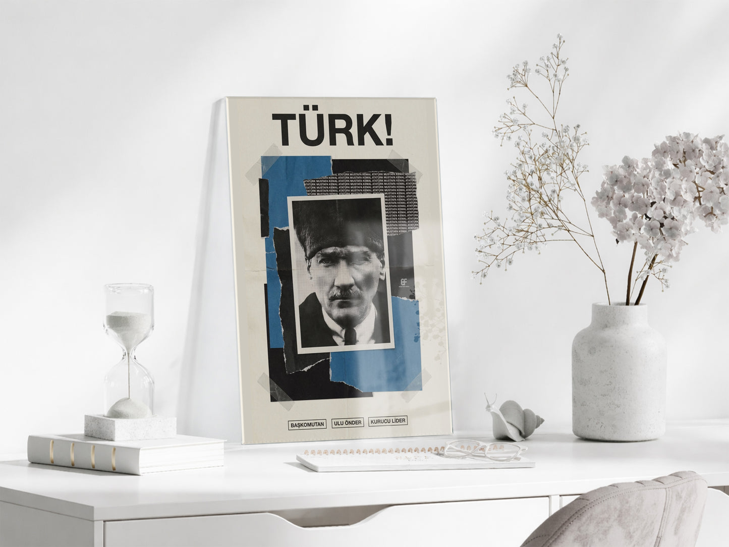 Mustafa Kemal Atatürk Türk! Başkomutan Cam Tablo – Modern Kolaj Tasarım Atatürk Duvar Dekoru -PeonyAta074
