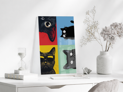 Pop Art Cats – Dört Ruh, Tek Stil Pop Art Duvar  Cam Sanatı- Peony052