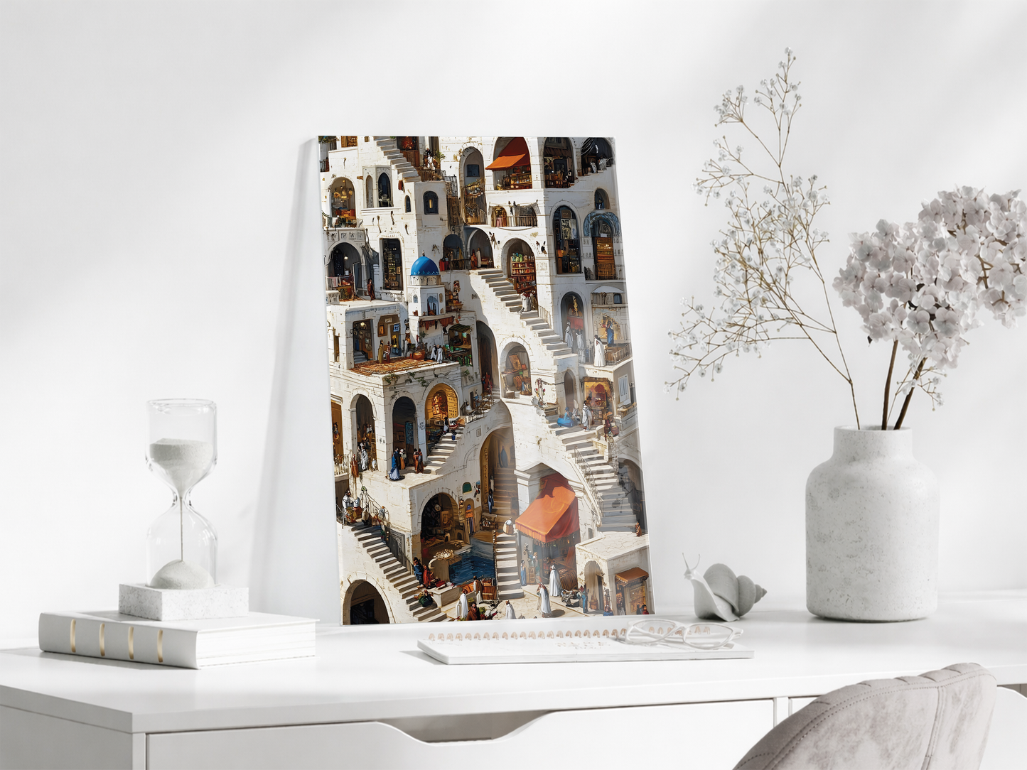 Modern Akdeniz Mimari Cam Tablo – Sokak ve Merdiven Temalı Sanatsal UV Baskılı Temperli Cam Duvar Tablosu - Peony018