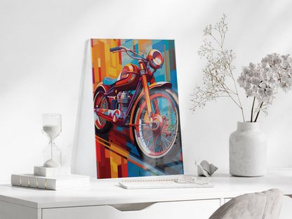 Retro Motosiklet Cam Tablo – Modern Geometrik Stil, Renkli UV Baskılı Temperli Cam Duvar Tablosu - Peony039