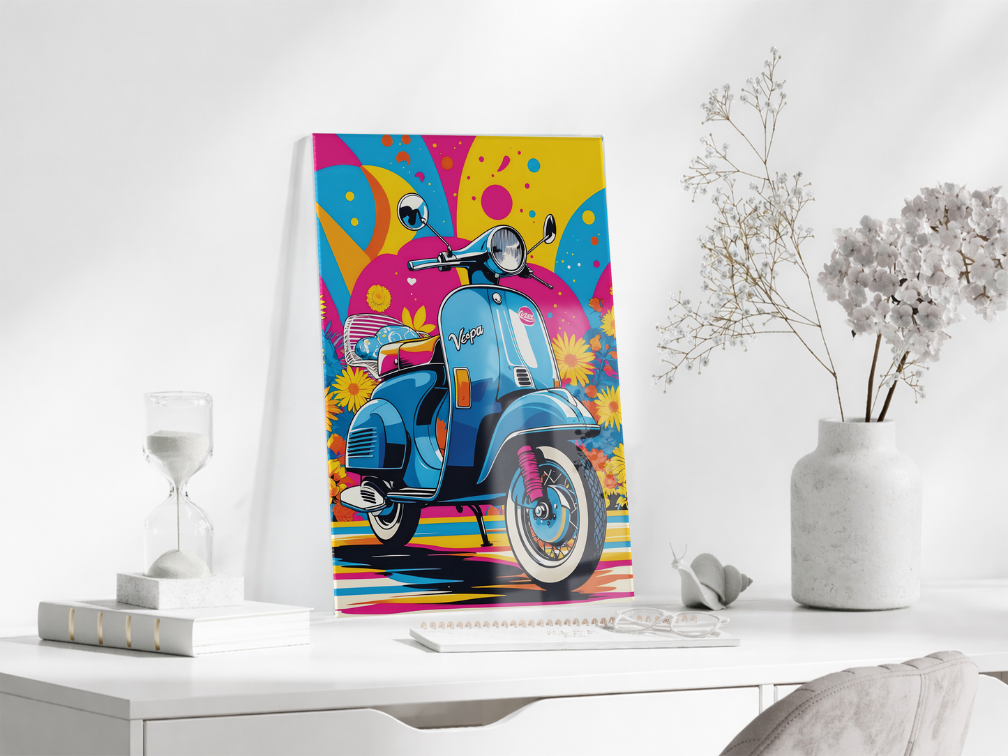 Renkli Vespa Scooter Cam Tablo – Pop Art Stil, UV Baskılı Temperli Cam Duvar Dekoru - Peony040