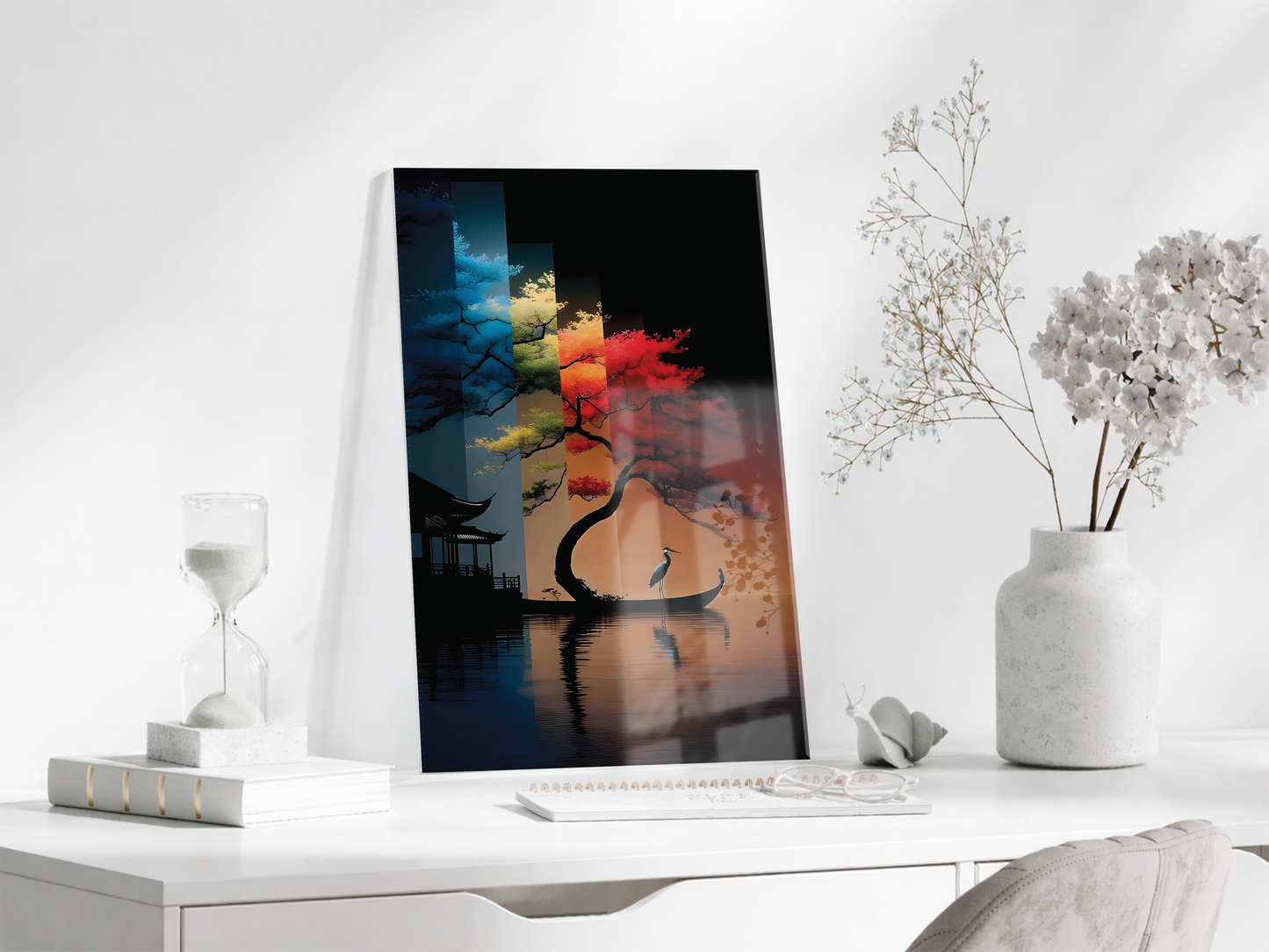 Soyut Portre Cam  Tablo – Renkli Fırça Efektli Sanatsal UV Baskılı Temperli Cam Duvar Tablosu  Modern Soyut Dört Mevsim Ağacı Cam Tablo – Doğa ve Denge Temalı Sanatsal UV Baskılı Temperli Cam Duvar Tablosu - Peony015