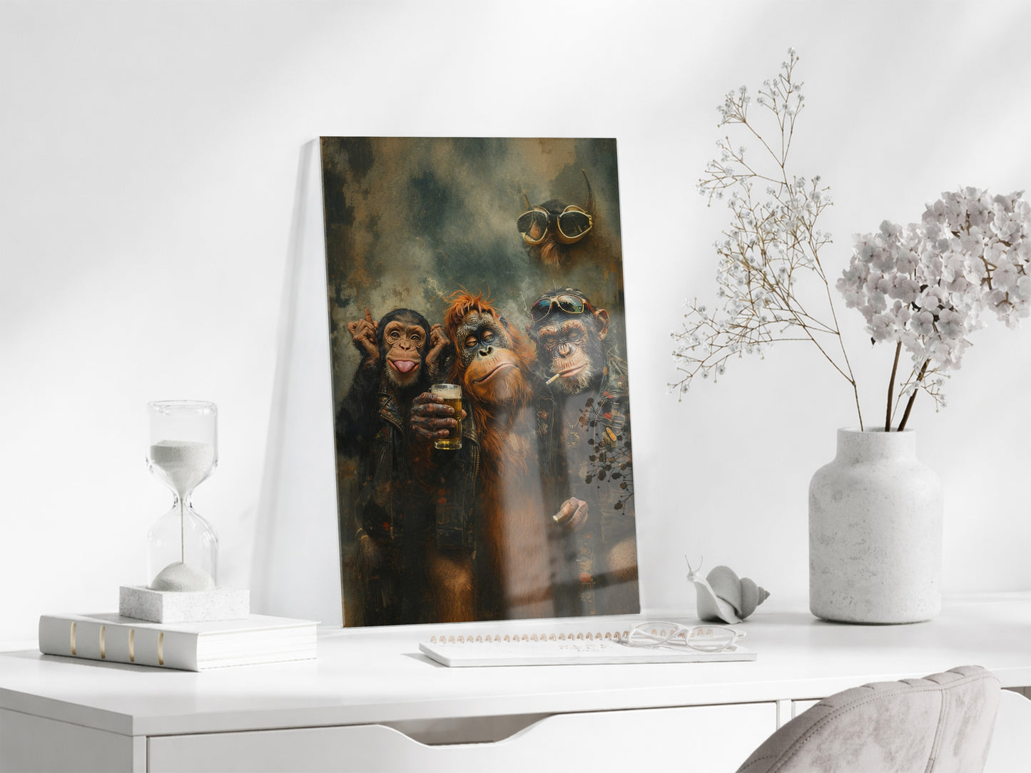 Biker Maymunlar Cam Tablo – Maskülen ve Karizmatik Bar Duvar Dekoru - Peony085