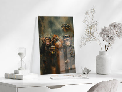 Biker Maymunlar Cam Tablo – Maskülen ve Karizmatik Bar Duvar Dekoru - Peony085
