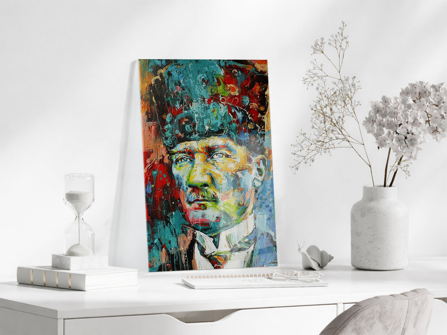 Modern Mustafa Kemal Atatürk Portresi Cam Tablo | Sanatsal UV Baskılı Temperli Cam -PeonyAta1331